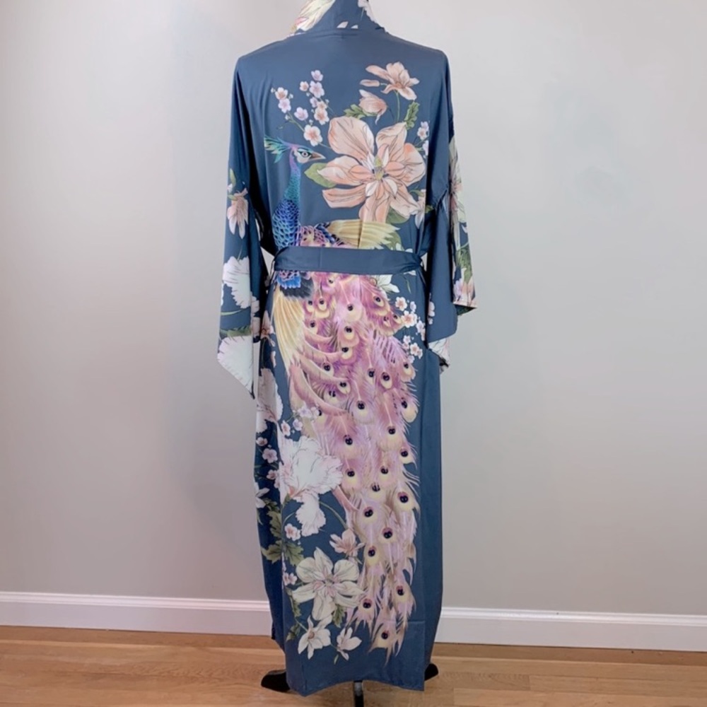 Bohemian Long Blue Floral Peacock Kimono Duster Robe - Picture 6 of 12